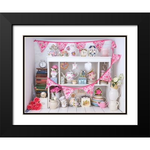 Vintage tea pots, cups , clocks with bunting Black Modern Wood Framed Art Print with Double Matting by Frank, Assaf