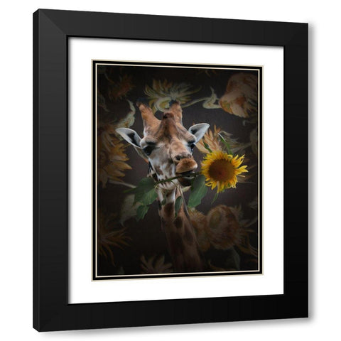 Giraf Met Bloem Black Modern Wood Framed Art Print with Double Matting by Babette