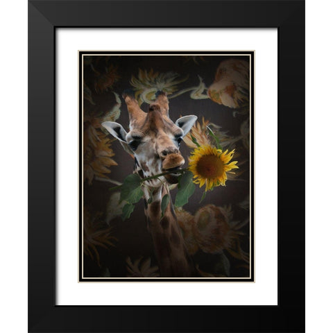 Giraf Met Bloem Black Modern Wood Framed Art Print with Double Matting by Babette