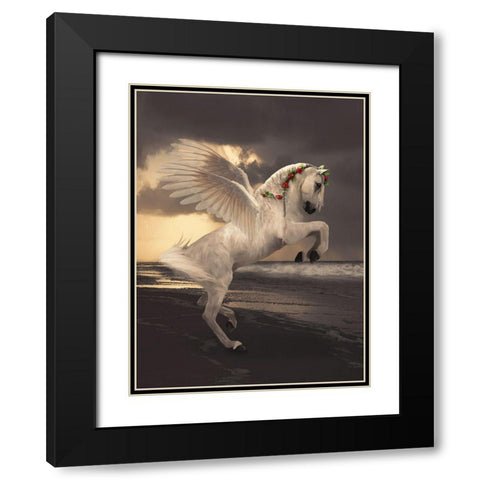 Pegasus With Roses Black Modern Wood Framed Art Print with Double Matting by Babette