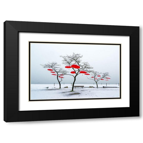 Red Umbrellas Black Modern Wood Framed Art Print with Double Matting by Kostka, Vladimir