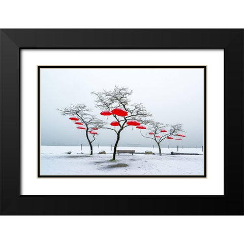 Red Umbrellas Black Modern Wood Framed Art Print with Double Matting by Kostka, Vladimir