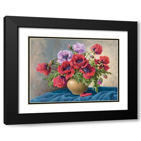 RED POPPIES ON BLUE CLOTH Black Modern Wood Framed Art Print with Double Matting by Krueger, E.