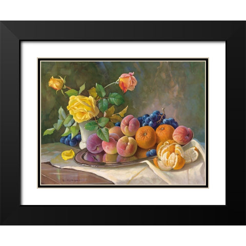 YELLOW ROSE AND FRUITS Black Modern Wood Framed Art Print with Double Matting by Krueger, E.