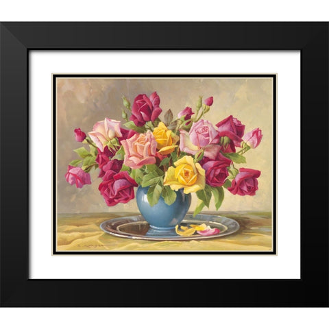 ROSES IN A BLUE VASE Black Modern Wood Framed Art Print with Double Matting by Krueger, E.
