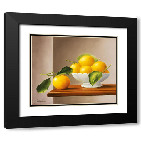 LEMONS WITH GREEN Black Modern Wood Framed Art Print with Double Matting by Schoelnhammer, Heinz
