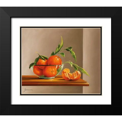 TANGERINES WITH GREEN Black Modern Wood Framed Art Print with Double Matting by Schoelnhammer, Heinz