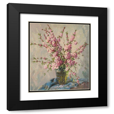 PINK CHERRY BLOSSOMS Black Modern Wood Framed Art Print with Double Matting by Krueger, E.
