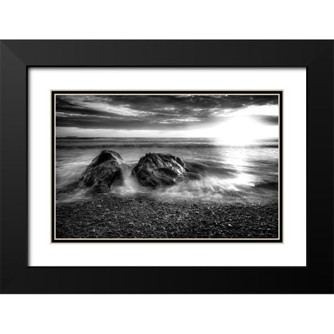 SUNSET OCEAN BW Black Modern Wood Framed Art Print with Double Matting by Kostka, Vladimir