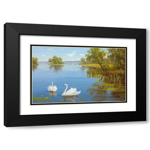 SWANS ON THE LAKE Black Modern Wood Framed Art Print with Double Matting by Slava