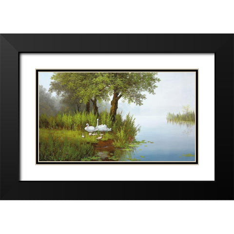 SWANS AT THE POND I Black Modern Wood Framed Art Print with Double Matting by Slava