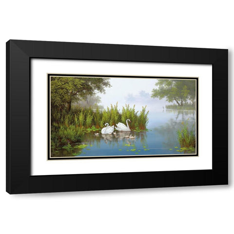 SWANS AT THE POND II Black Modern Wood Framed Art Print with Double Matting by Slava