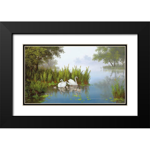 SWANS AT THE POND II Black Modern Wood Framed Art Print with Double Matting by Slava