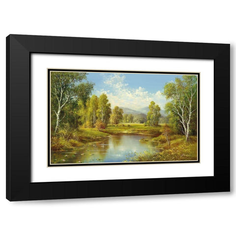 A RIVER Landscape Black Modern Wood Framed Art Print with Double Matting by Buchner, H.