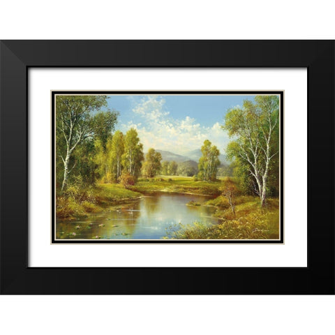 A RIVER Landscape Black Modern Wood Framed Art Print with Double Matting by Buchner, H.