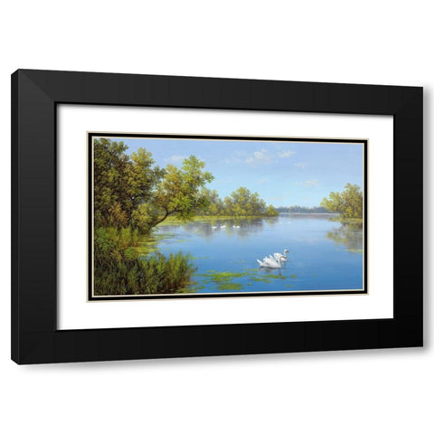 RIVER WITH SWANS II Black Modern Wood Framed Art Print with Double Matting by Slava
