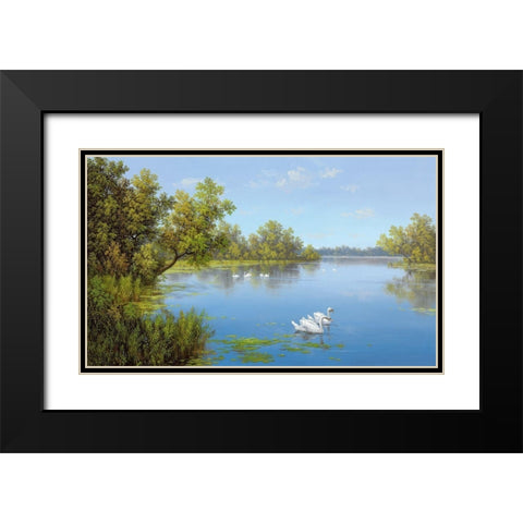 RIVER WITH SWANS II Black Modern Wood Framed Art Print with Double Matting by Slava