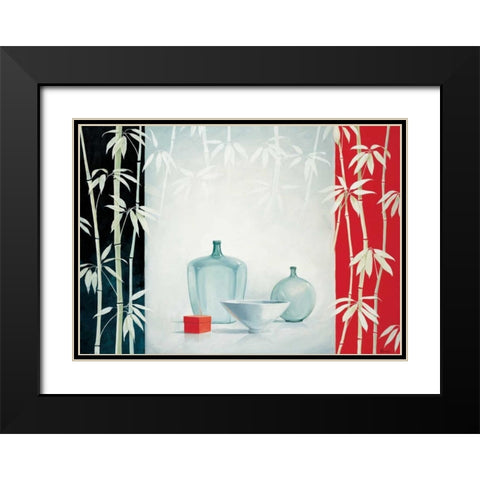 Bamboo and bowls I Black Modern Wood Framed Art Print with Double Matting by Renee