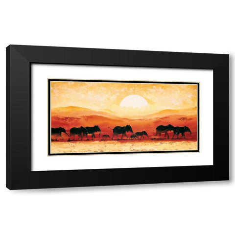 Elephants in sunset Black Modern Wood Framed Art Print with Double Matting by Renee