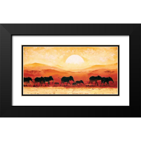 Elephants in sunset Black Modern Wood Framed Art Print with Double Matting by Renee