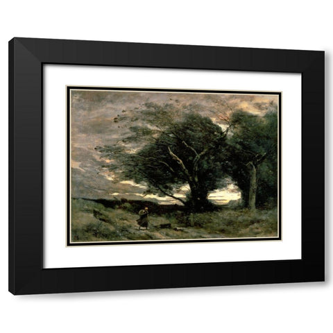 Gust of Wind Black Modern Wood Framed Art Print with Double Matting by Corot, Jean-Baptiste-Camille