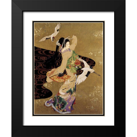 Dance of the Cranes Black Modern Wood Framed Art Print with Double Matting by Morita, Haruyo