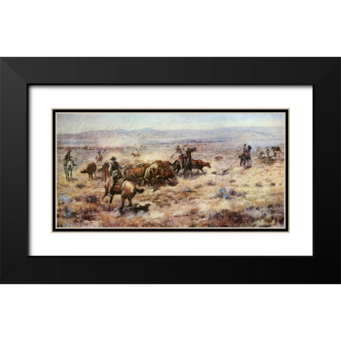 The Round-Up Black Modern Wood Framed Art Print with Double Matting by Russell, Charles M.