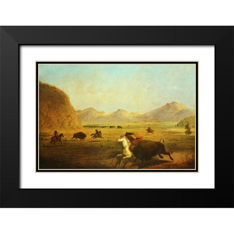 Buffalo Hunt Black Modern Wood Framed Art Print with Double Matting by Miller, Alfred J.