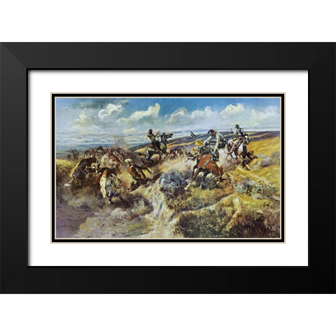 A Tight Dally and a Loose Latigo Black Modern Wood Framed Art Print with Double Matting by Russell, Charles M.