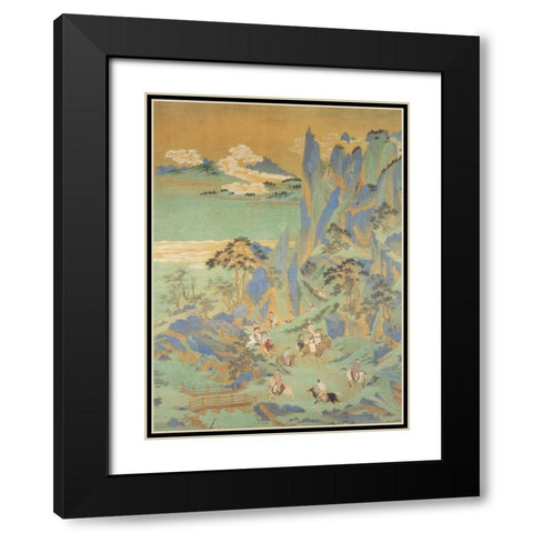 Travellers In The Mountains Of Shu Black Modern Wood Framed Art Print with Double Matting by Anonymous