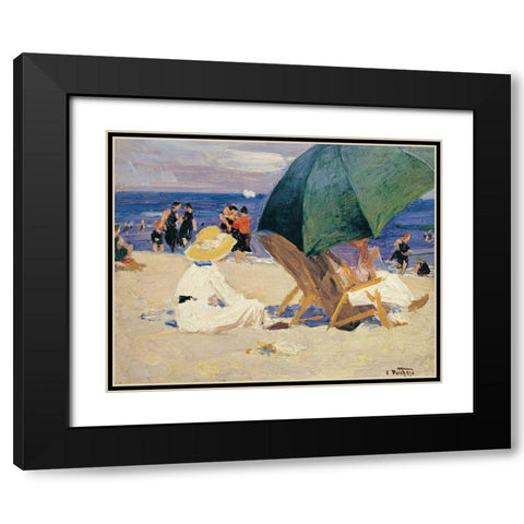 Green Umbrella Black Modern Wood Framed Art Print with Double Matting by Potthast, Edward Henry