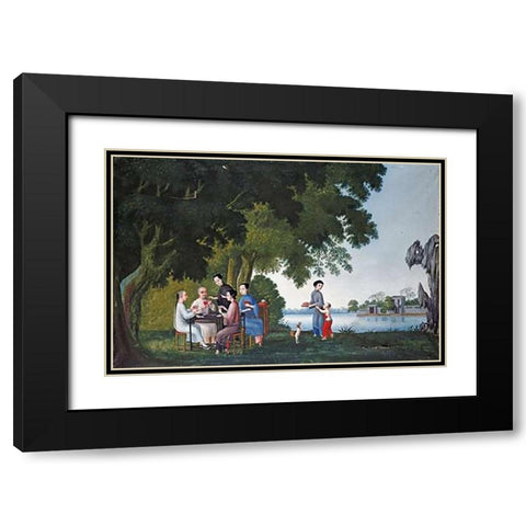 Chinese Playing Cards By a River Black Modern Wood Framed Art Print with Double Matting by Anglo-Chinese School