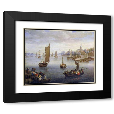 A River Landscape With Ferry Boats a Village Beyond Black Modern Wood Framed Art Print with Double Matting by Beschey, Charles