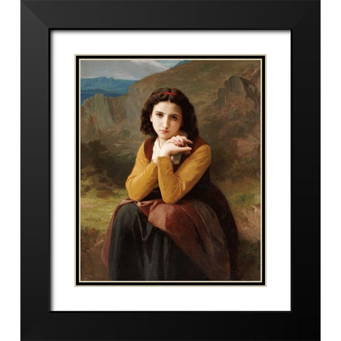 Reflective Beauty. Mignon Pensive Black Modern Wood Framed Art Print with Double Matting by Bouguereau, William-Adolphe