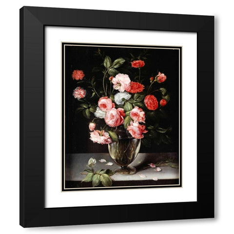 Roses and Carnations In a Glass Vase On a Stone Ledge Black Modern Wood Framed Art Print with Double Matting by Brueghel, Ambrosius