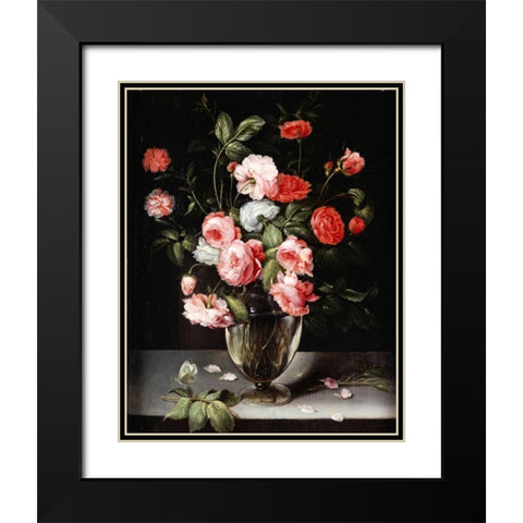 Roses and Carnations In a Glass Vase On a Stone Ledge Black Modern Wood Framed Art Print with Double Matting by Brueghel, Ambrosius