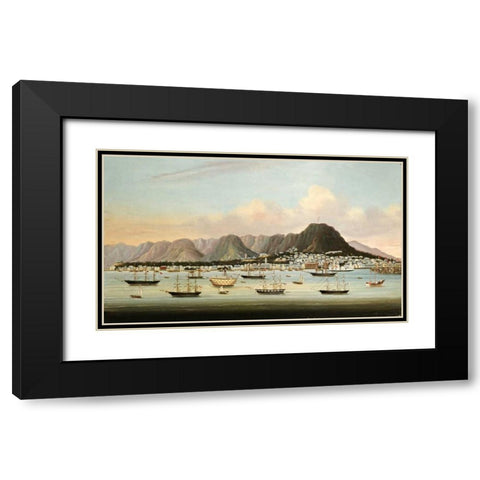 A View of Victoria, Hong Kong, With The Hulk H.M.S Princess Charlotte Black Modern Wood Framed Art Print with Double Matting by Chinese School