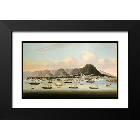 A View of Victoria, Hong Kong, With The Hulk H.M.S Princess Charlotte Black Modern Wood Framed Art Print with Double Matting by Chinese School
