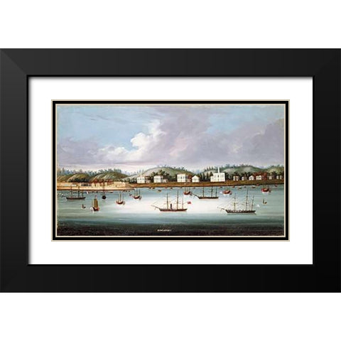 A View of Singapore From The Roads Black Modern Wood Framed Art Print with Double Matting by Chinese School