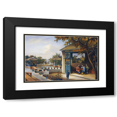Chinese Ladies Playing Mahjong In The Pavilion of a House Black Modern Wood Framed Art Print with Double Matting by Chinese School