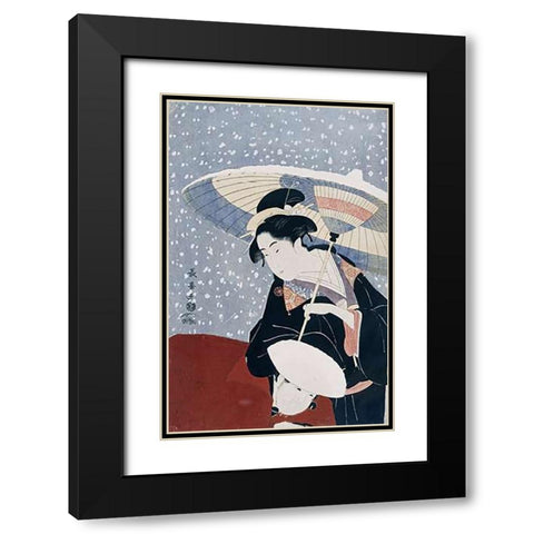 A Manservant Clearing The Geta of a Beauty On a Winters Day Black Modern Wood Framed Art Print with Double Matting by Choki, Eishosai