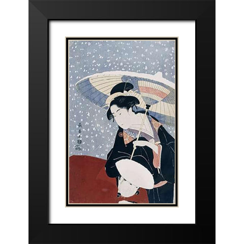 A Manservant Clearing The Geta of a Beauty On a Winters Day Black Modern Wood Framed Art Print with Double Matting by Choki, Eishosai