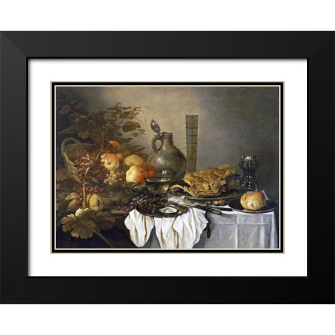 A Still Life With a Roemer, Oysters, a Roll and Meat Black Modern Wood Framed Art Print with Double Matting by Claesz, Pieter