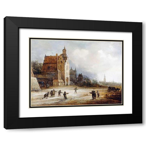 Soldiers Playing Skittles On a Road Black Modern Wood Framed Art Print with Double Matting by De Momper, Frans