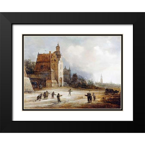 Soldiers Playing Skittles On a Road Black Modern Wood Framed Art Print with Double Matting by De Momper, Frans