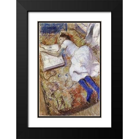 A Young Girl Stretched Out and Looking at An Album Black Modern Wood Framed Art Print with Double Matting by Degas, Edgar