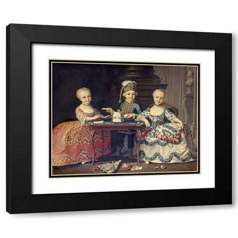 Boy In Blue Building a House of Cards, With Two Girls Black Modern Wood Framed Art Print with Double Matting by Drouais, Francois-Hubert