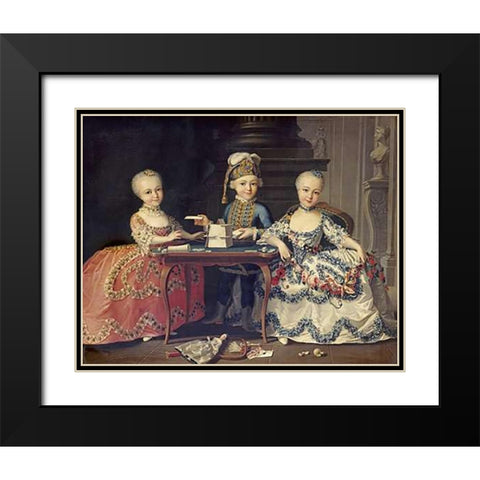 Boy In Blue Building a House of Cards, With Two Girls Black Modern Wood Framed Art Print with Double Matting by Drouais, Francois-Hubert
