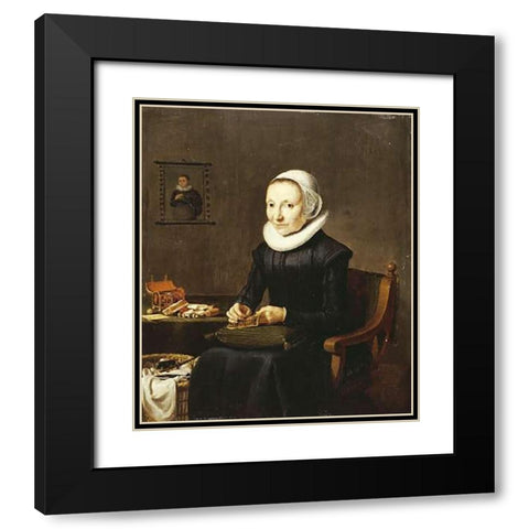 Portrait of An Old Lady, Embroidering Black Modern Wood Framed Art Print with Double Matting by School, Dutch