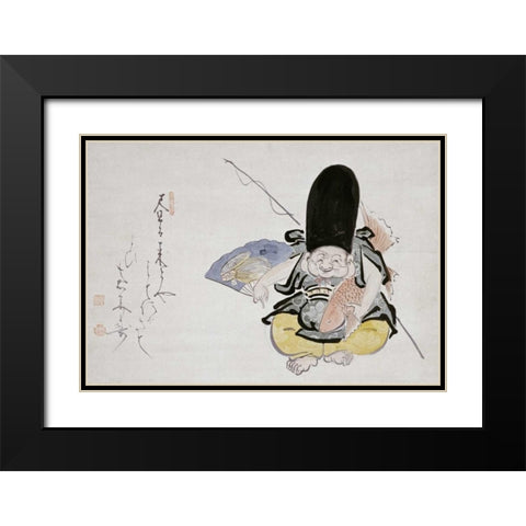Ebisu Dancing With a Poem. Hanging Scroll Black Modern Wood Framed Art Print with Double Matting by Ekaku, Hakuin